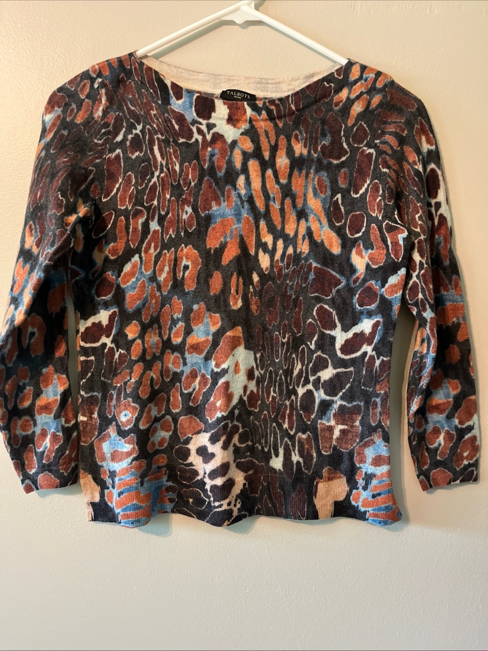 Women’s Talbots Petites Merino Wool Pullover Sweater Brown Animal Print SP